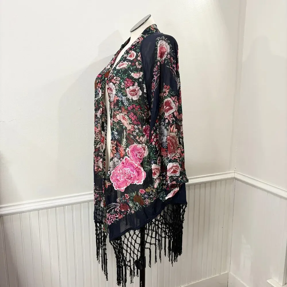 Soft Surroundings Plus Size 1X Kimono Cardigan Fringe Floral Embroidered Boho - Picture 2 of 13